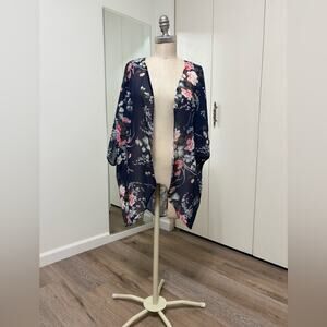 Blue Floral Print Woman's Open Front Kimono Cardigan Large